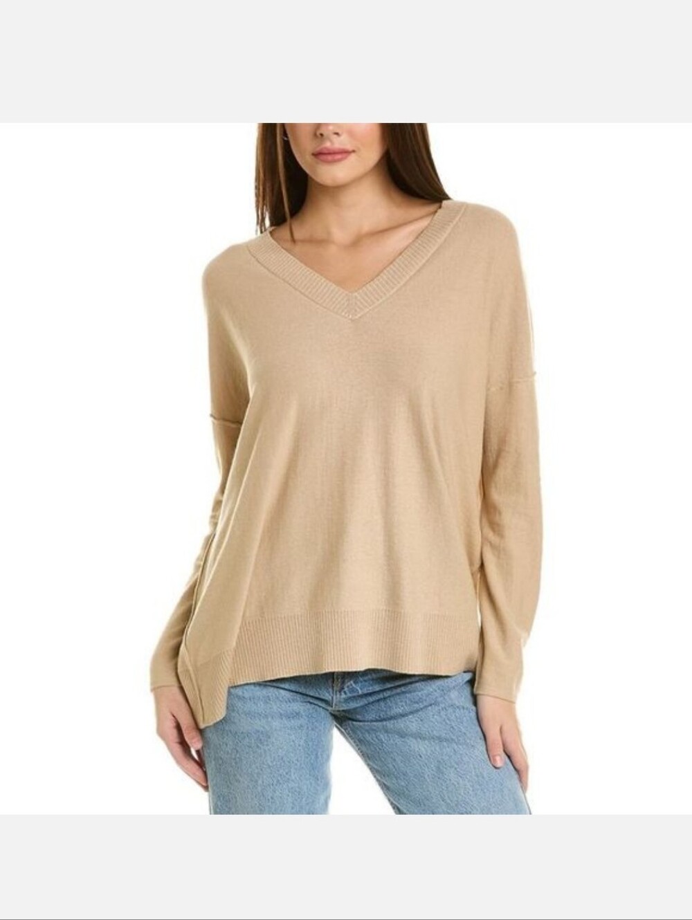 Hannah Rose V-Neck Relaxed Cashmere-Blend Sweater - Beige